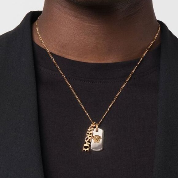 Versace Greca Medusa Tag Logo Pendants Gold Chain Necklace Unisex Jewelry - Picture 1 of 15